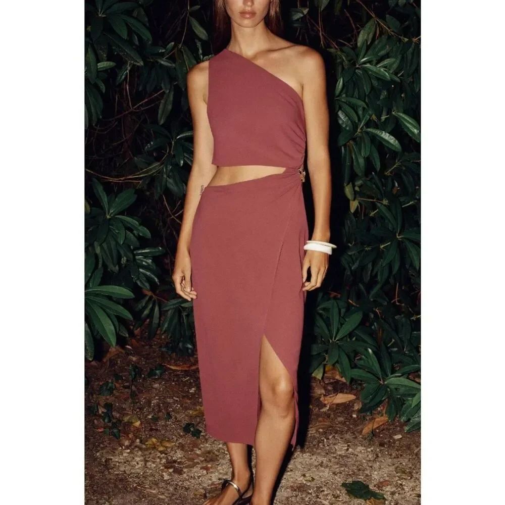 Zara Womens Dress XL Mauve Pink Cutout Asymmetrical Cocktail Midi 3897/110 NWT